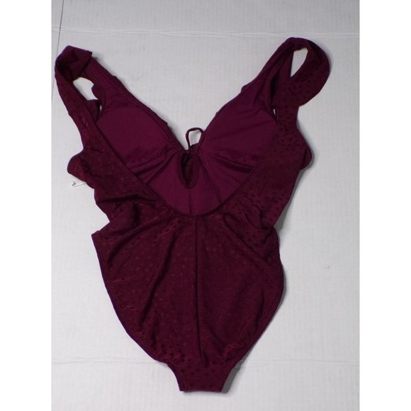 ROBIN PICCONE Juliana Plunge One Piece Ruffle Swimsuit Burgundy Wine 8 - Picture 7 of 8